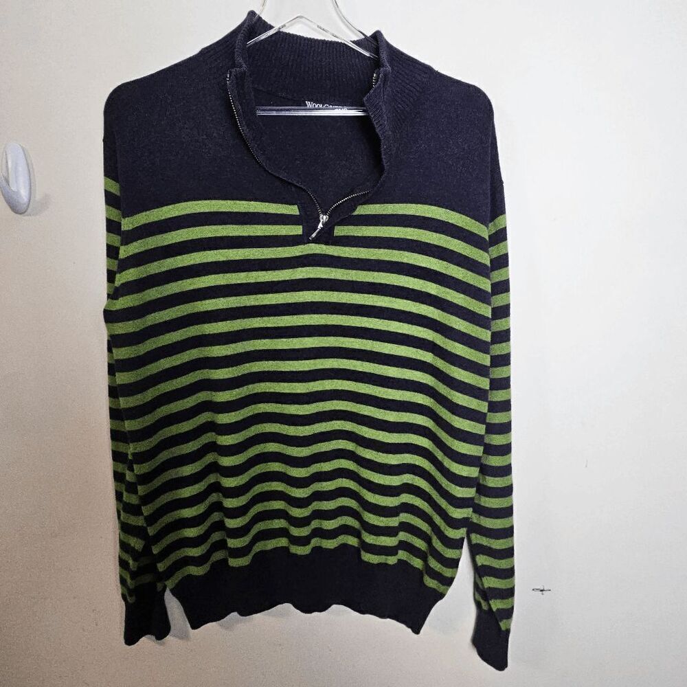 Woolovers Cotton/Cashmere Blend Quarter Zip Striped Sweater Men's Black/Green Si